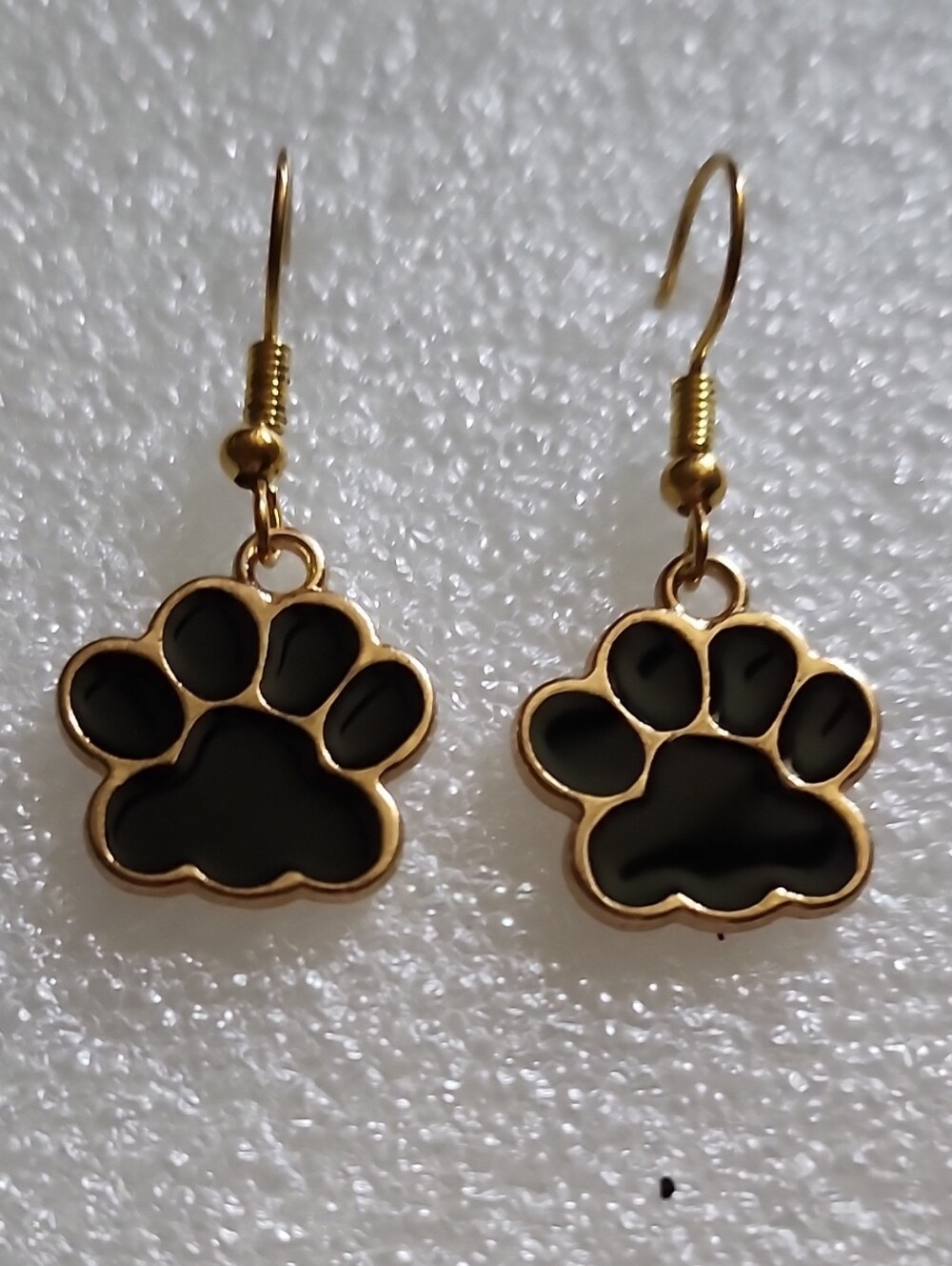 Hand Crafted Black and Gold Paw Print Dangle Earrings